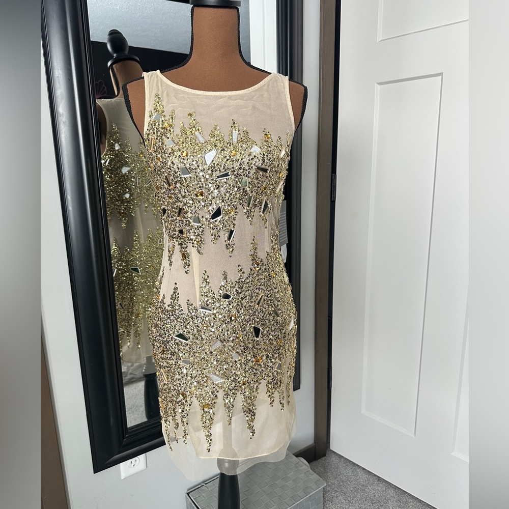 Festival outfit Basix Black Label Hand-Beaded Gold Mesh Dress | Size 2 -B